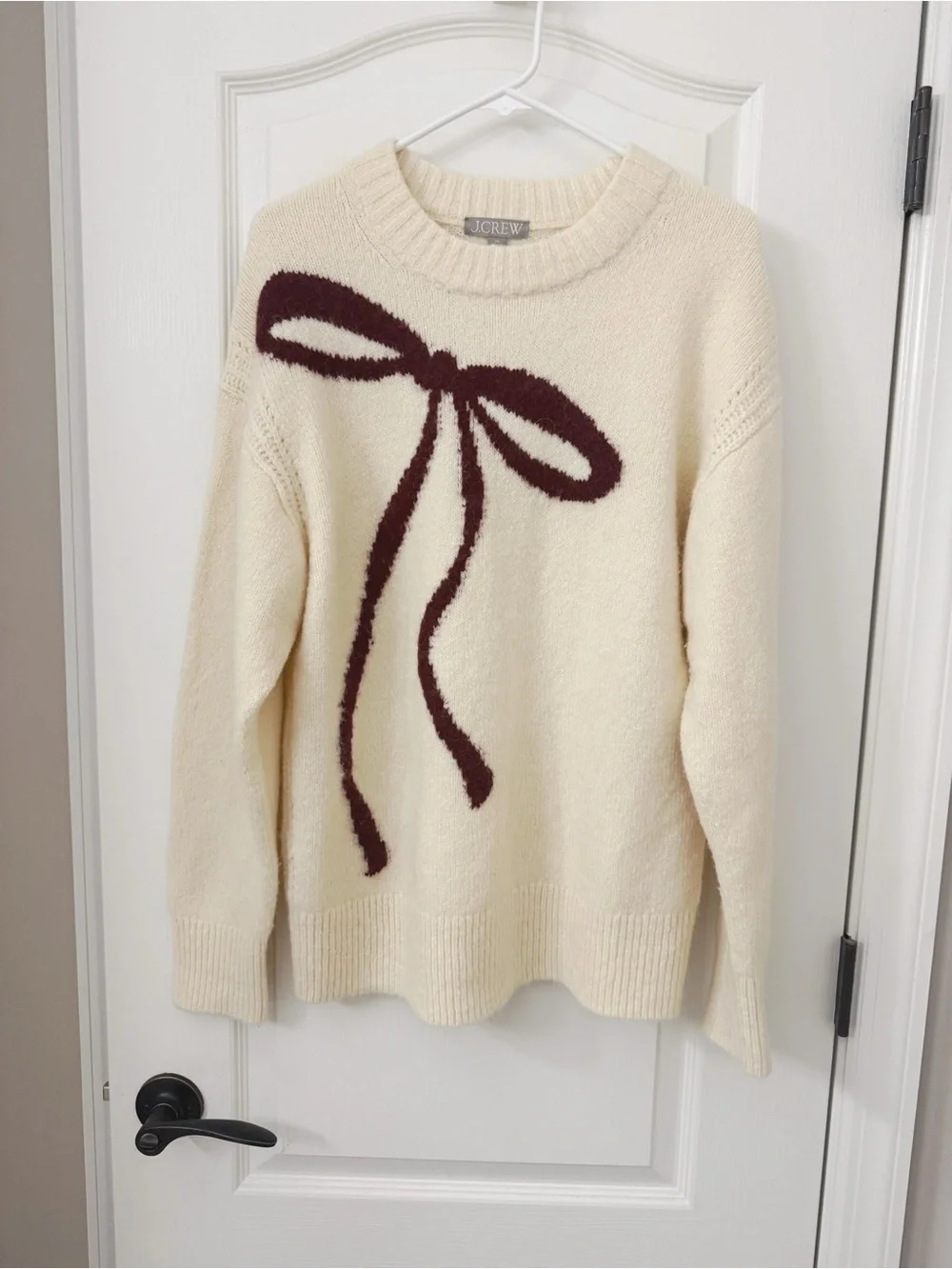 J. Crew Cream Crewneck Sweater with Burgundy Bow Detail